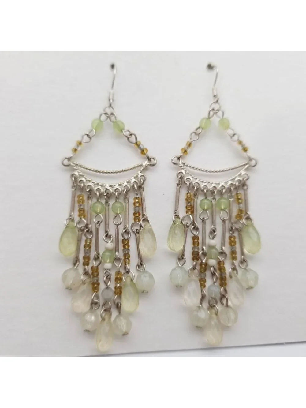 Dangle Chandelier Earrings Green & Yellow Beads On Silver-Tone Chains Boho Style